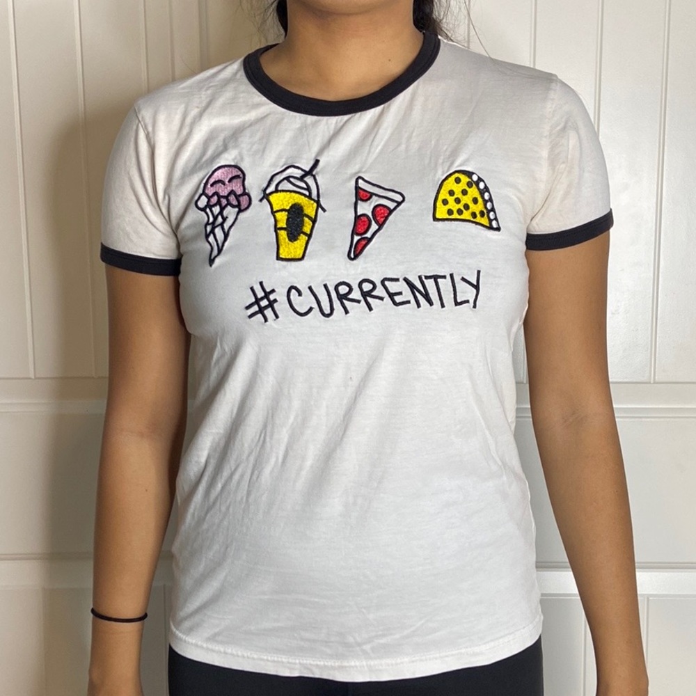 On Fire graphic T-shirt with food designs.